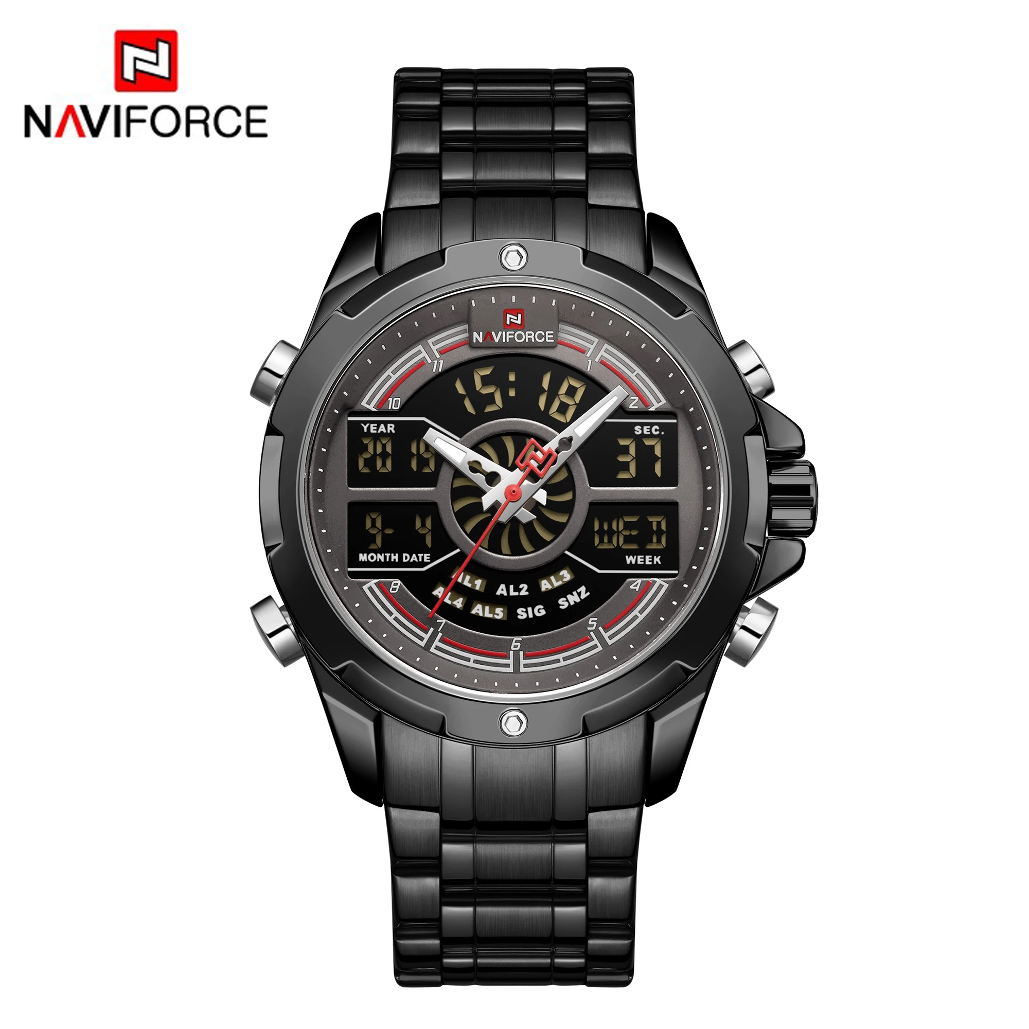 NAVIFORCE роскошные мужские спортивные часы Chrono брендовые военные водонепроницаемые электронные наручные часы с подсветкой для мужчин секундомер часы - Цвет: Черный