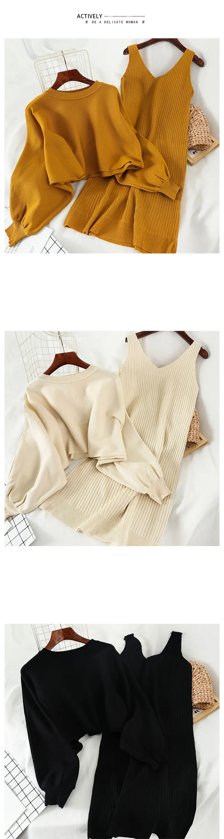 Woherb, винтажная Женская одежда из двух частей, рукав летучая мышь, пуловер, однотонный, бодикон, свитер, платье, корейская мода, новые вязаные наборы 91225