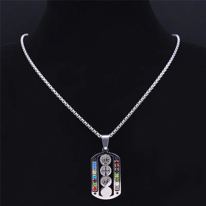 Stainless Steel Saint Benedict Crystal Pendant Necklace – Silver Christian Jewelry 4