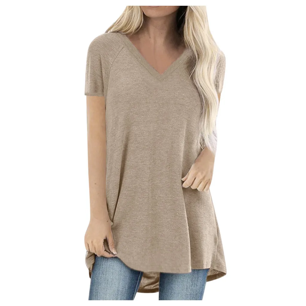 Women Solid T-Shirt Summer Plus Size Long Tee Shirt Top Women V Neck Short Sleeve Long Casual Women Loose T-Shirt Femme