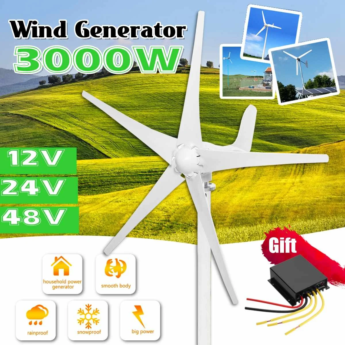 

3000W 12V/24V/48V 5 Blades Wind T urbines Generator With Free Wind Controller Use for Home Solar Streetlight ,Boat