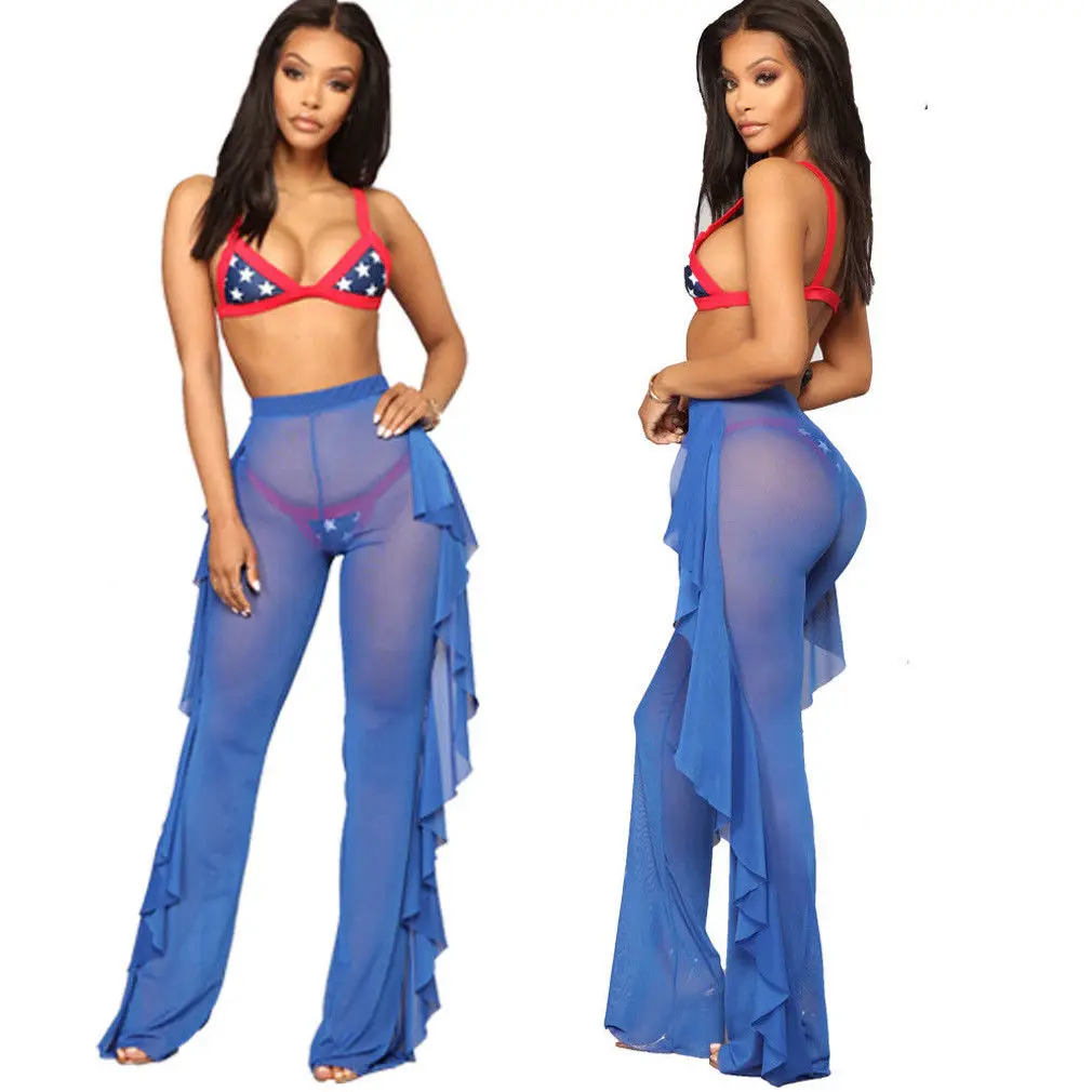 

The Latest Arrival 4 Colors Ladies Beachwear Mesh See-Through Ruffled See-Through Bikini Blouse Swimsuit Casual Mesh Trousers