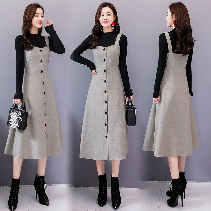 

2019 Autumn Clothing New Style WOMEN'S Dress Early Autumn Woolen Suspender Strap Set Skirt Two-Piece Set Autumn And Winter Elega