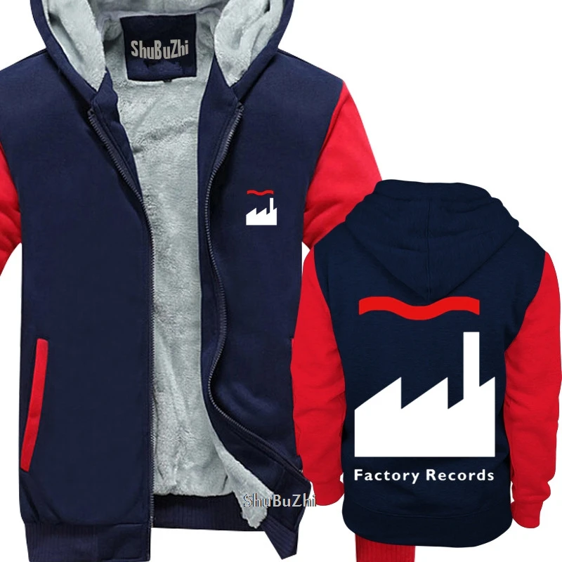 thick fleece Factory Records Retro Record Label shubuzhi men winter padded zipper sweatshirt fashion print hoodies cool hoody - Цвет: navy red