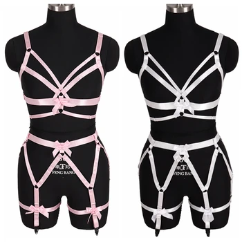 

1 Set Bow Lingerie Harness Bra Sexy Top Punk Gothic Bondage Strap Wedding Dance Rave Plus Size Body Cage Garter Belt Pink White