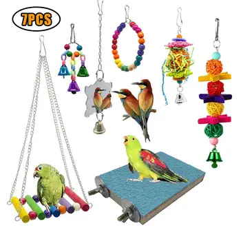 

7Pcs/Set Bird Toy Swing Chewing Toys Hanging Colorful Bell Mirror Frosted Perches Bird Parrot Cage Toy Bird Supplies 20E