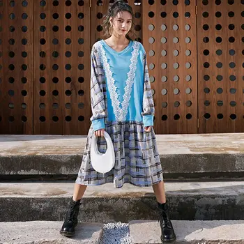 

Europe Tide Patchwork Hit Color Dress Lace Plaid Plus Size Women Clothes 2020 New Spring Loose Casual Dress Pullover DMY2835