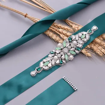 

YouLaPan Skinny Shiny Belt Wedding Sash Belt Green Beaded Sash Belt Bridal Waist Sash Colourful Rhinestone Wedding Belt S443