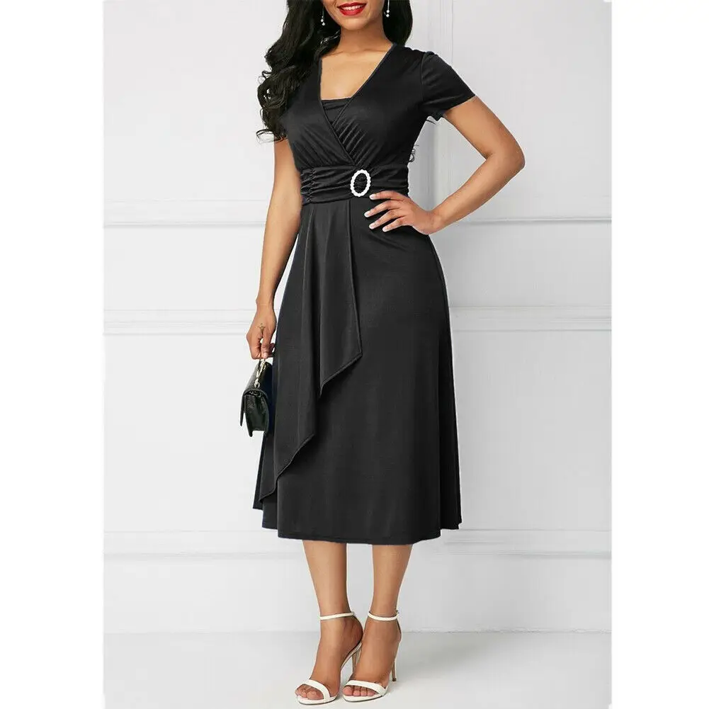

Women Plus Size Maxi Cocktail Party Wedding Evening Formal Midi Long Dresses Elegant V Neck Short Sleeve Asymmetrical Hem Dress