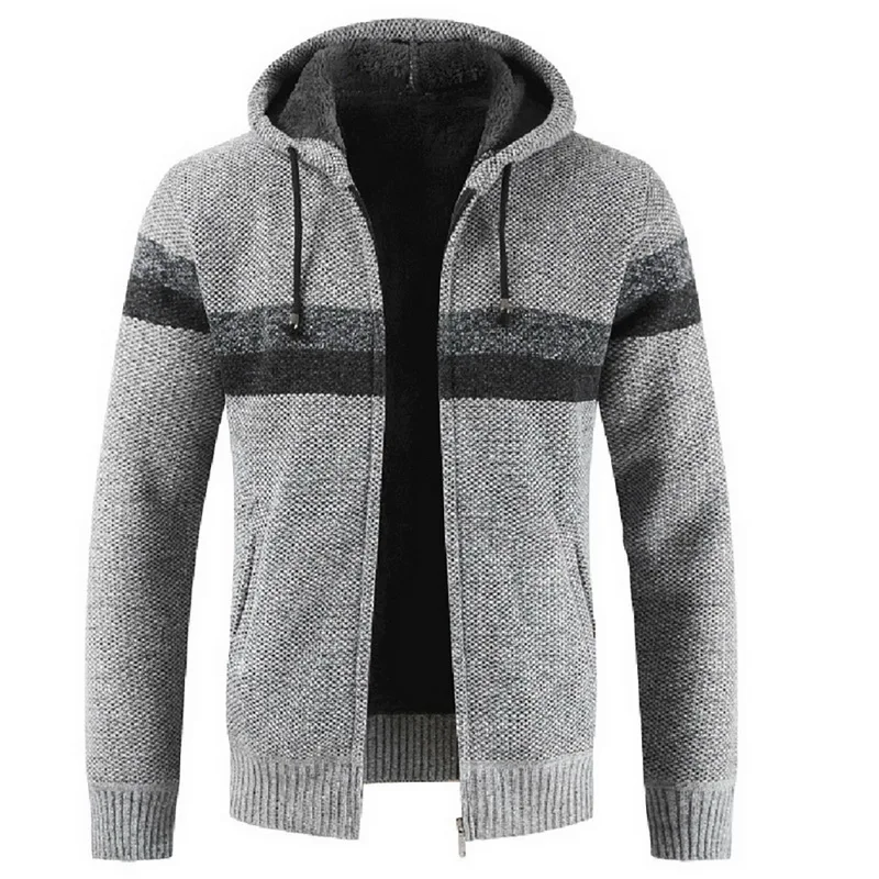 Light Gray MoneRffi свитер пальто для мужчин Зимний толстый теплый кардиган с капюшоном Джемперы для мужчин полосатый кашемировый шерстяной вкладыш на молнии флисовые пальто для мужчин - Цвет: Light Gray