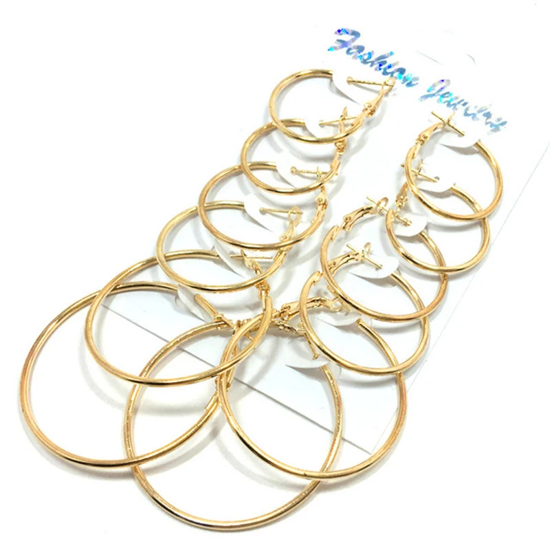 gold Большие кольца, серьги, лето, 6 комплектов, круглые серьги-капли, персонализированные серьги-кольца, кольца для ушей, комбинированные женские модные ювелирные изделия - Окраска металла: gold