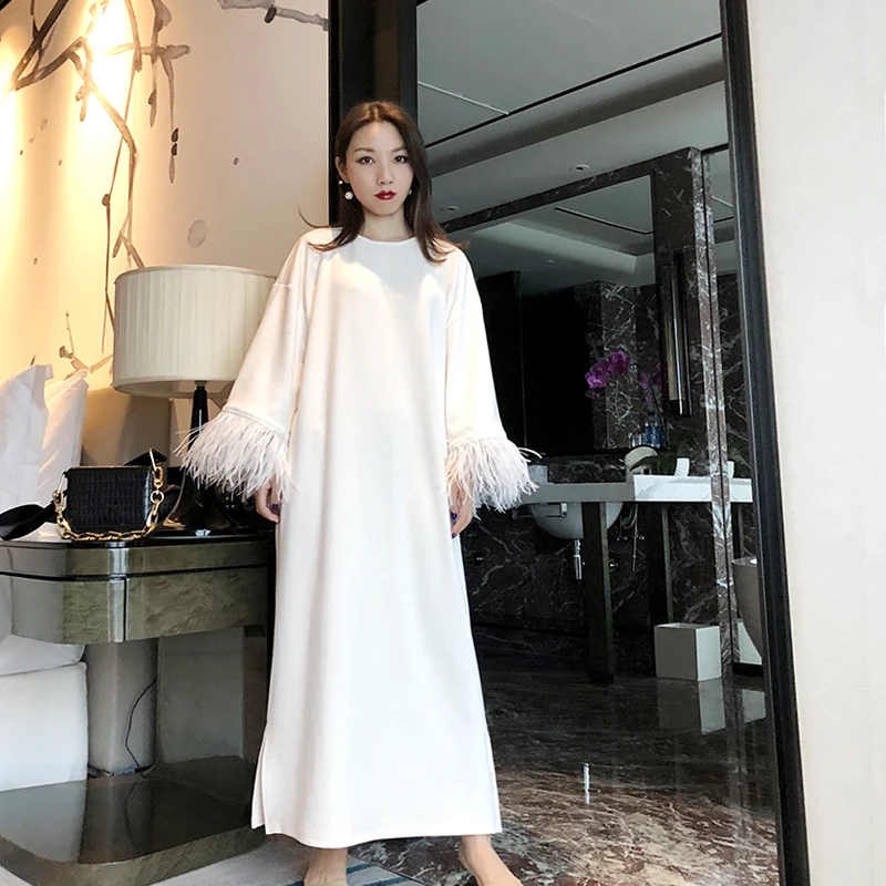 WHITNEY WANG весна лето мода уличная одежда с перьями Лоскутная большая длинная футболка платье женское повседневное Макси платье