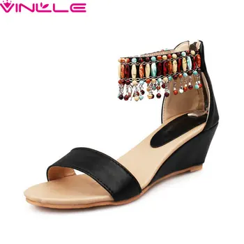 

VINLLE 2020 String Bead Summer Fashion Sandals Wedge High Heel Ladies Shoes PU Leather Hollow Zipper Women Pumps Big Size 34-43