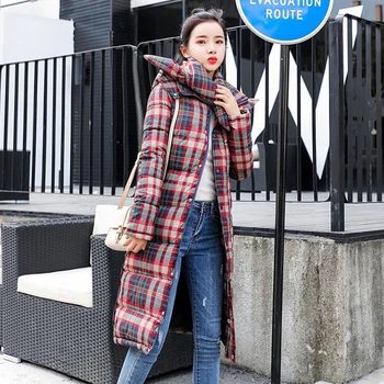 

Winter Fashion Jacket Women Medium Long Section Grid Pattern Cotton Coat Loose Thick Outwear Over the Knee Hooded Warm ZF9486