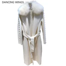 Женское шерстяное пальто ручной работы с жемчугом, весеннее шерстяное пальто с воротником из натурального Лисьего меха, приталенное длинное пальто с регулируемой талией