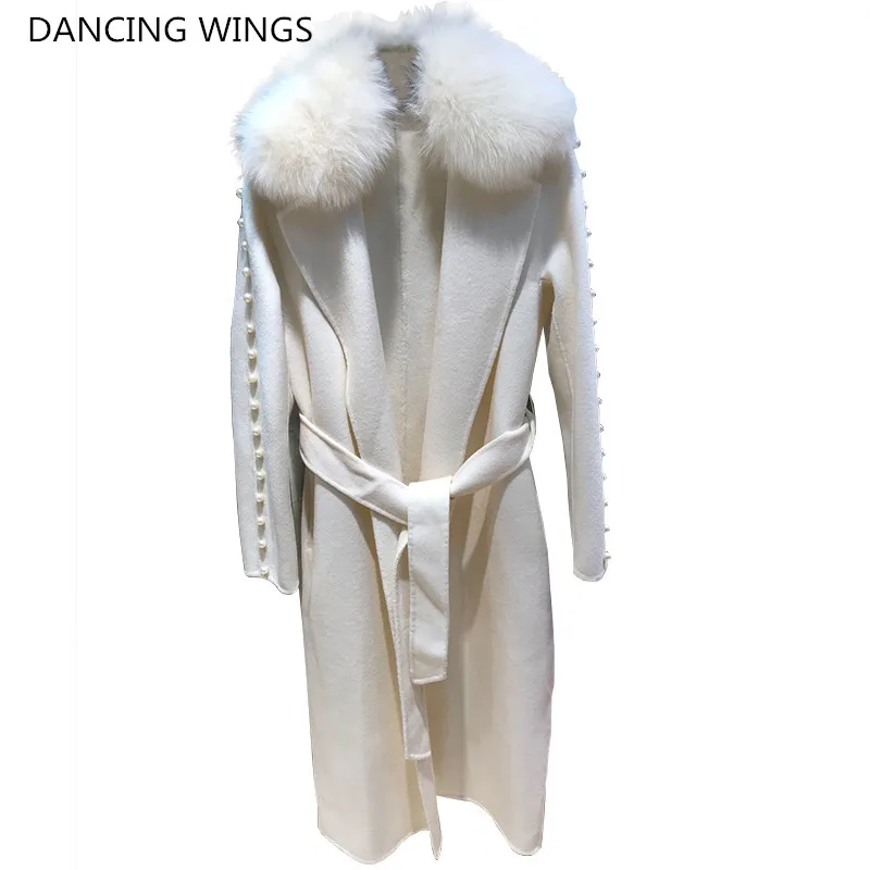 

Handmade Pearls Women's Wool Coat Spring Real Fox Fur Collar Woolen Jacket Adjustable Waist Slim Ladies Long Overcoat