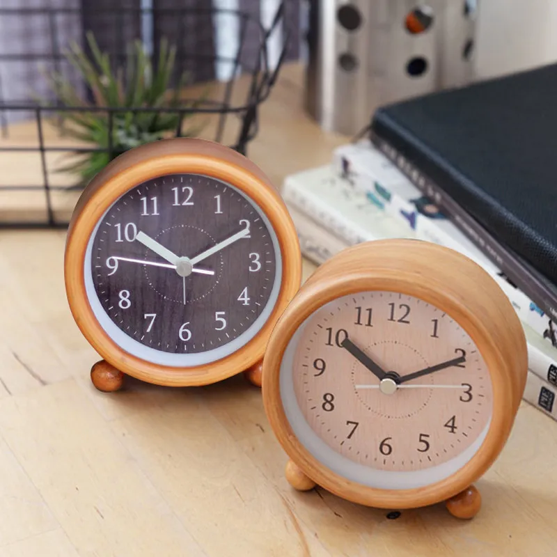 

Silent Pine Wood Alarm Clock Creative Student Bedroom Clock Snooze Night Light Japanese Small Alarm Clock