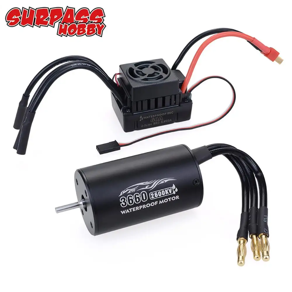 Surpass Hobby 3660 Waterproof 3.175mm 2600/3300KV Unsensed Brushless RC Car Motor+60A ESC For 1/8/10 Vehicle Models Accessories | Игрушки и