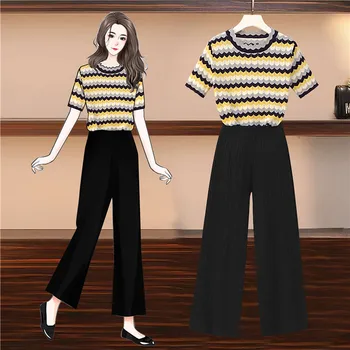 

HAMALIEL New Summer Knitted 2 Piece Pant Set Tracksuit Women Waves Color Striped Loose T-Shirt + Casual Wide Leg Trouser Suit