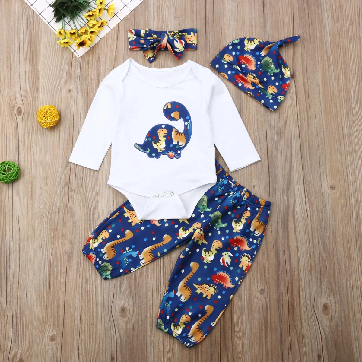 Baby Boy Girl Clothes Set Newborn Infant Toddler Autumn Dinosaur Long Sleeve Bodysuit Blue Pants Headband Hat Outfits 4Pcs