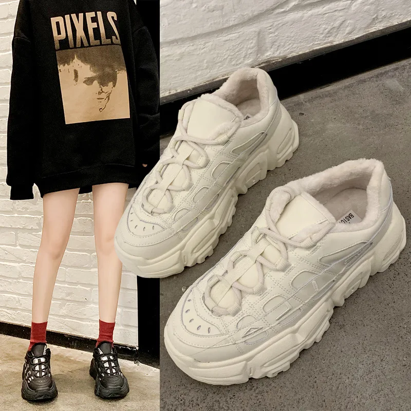 

Winter New Style Platform Heel Lace-up Mixed Colors Dad Shoes Women's plus Cotton Casual Single Shoes Women's Comfortable Warm W