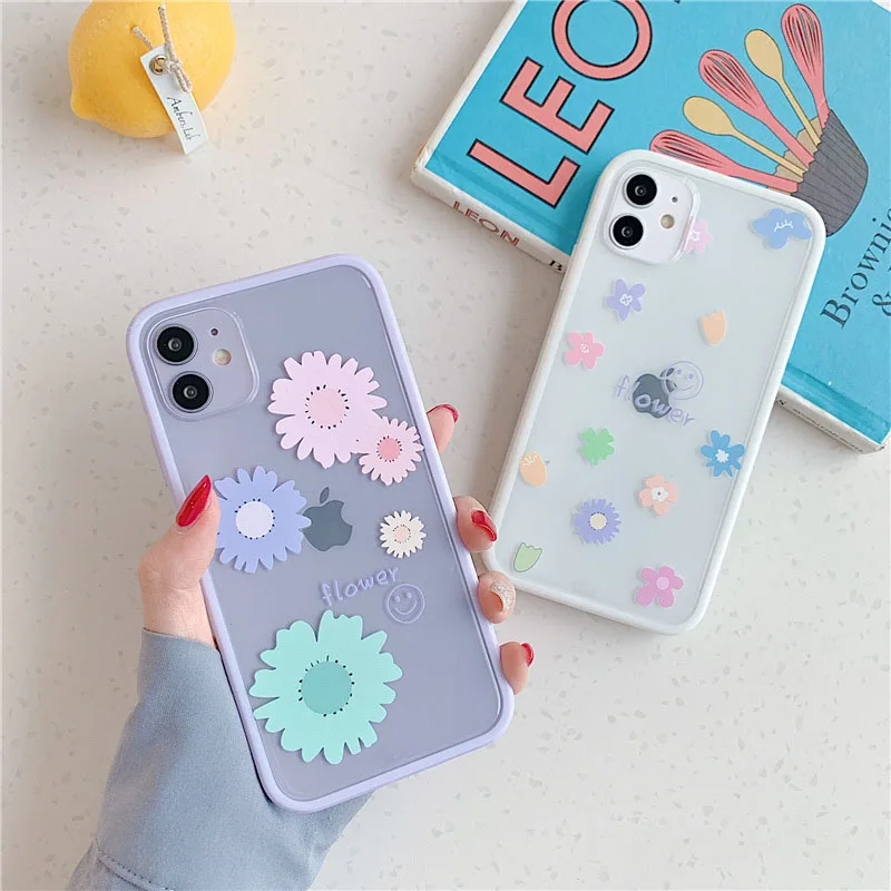 

Cute Flower Square Phone Case For iPhone 11 Pro Max 7 8 Plus X XR XS Max SE2020 Transparent Shockproof Back Cover Coque
