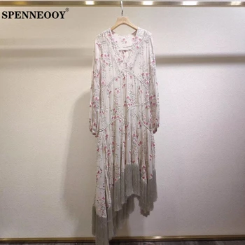 

SPENNEOOY Designer Custom Runway V-Neck Tassel Women Vintage Long Dress Ladies Floral Embroidery Hollow Out Splice Silk Dresses