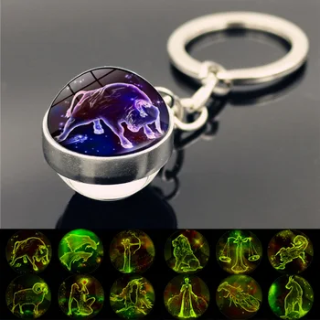

100pcs 12 Constellation Luminous Ball Keychain Cartoon Glass Ball Pendant Zodiac Crystal Keychain Birthday Gift Men and Women