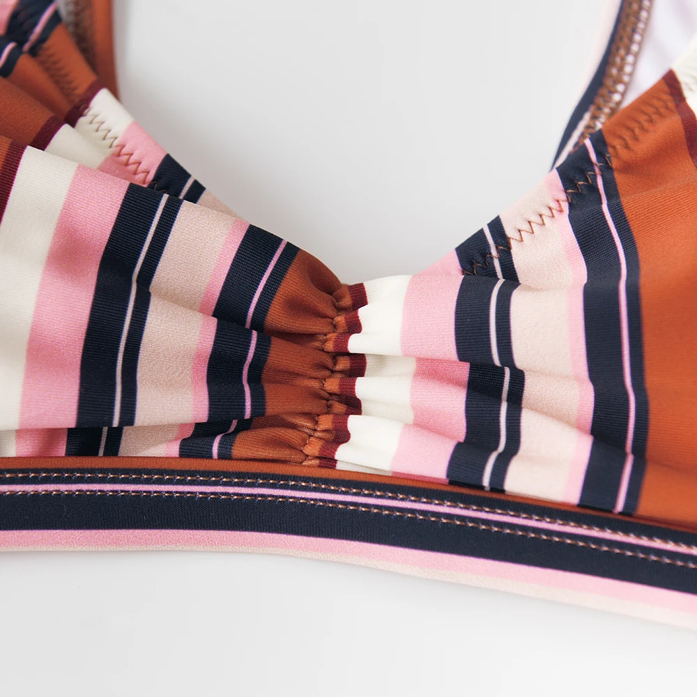 SEASELFIE Sexy Brown Stripe Shirring Bikinis Set Swimwear 2020 Women Swimsuits Bathing Suit Tank Top Low-waist Biquini Beachwear