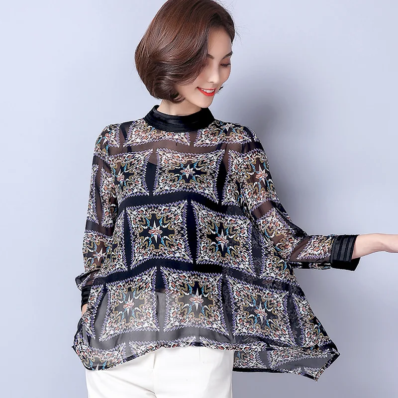 

Anqi Pull 2019 Autumn New Style Loose-Fit Printed Chiffon Blouse Mid-length Versatile Batwing Shirt Long-sleeved Upper Garment C