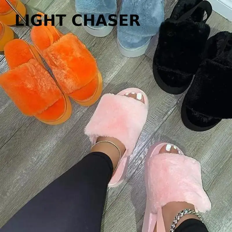 New Winter Keep Warm Women Fur Furry Slippers For Home Fluffy Soft Indoor Slides Thick Flats Heel Non Slip Indoor House Shoes