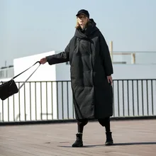 AIGYPTOS, зимний женский толстый теплый большой пуховик с капюшоном, дизайн, повседневный ультра свободный черный X-Long пуховик, пальто