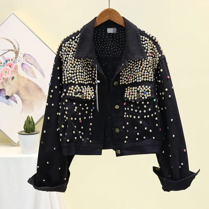 Autumn Short Denim Jacket for Women New Hand-studded Rivet Diamond Jeans Jacket Female Loose Coat Casaco Feminino