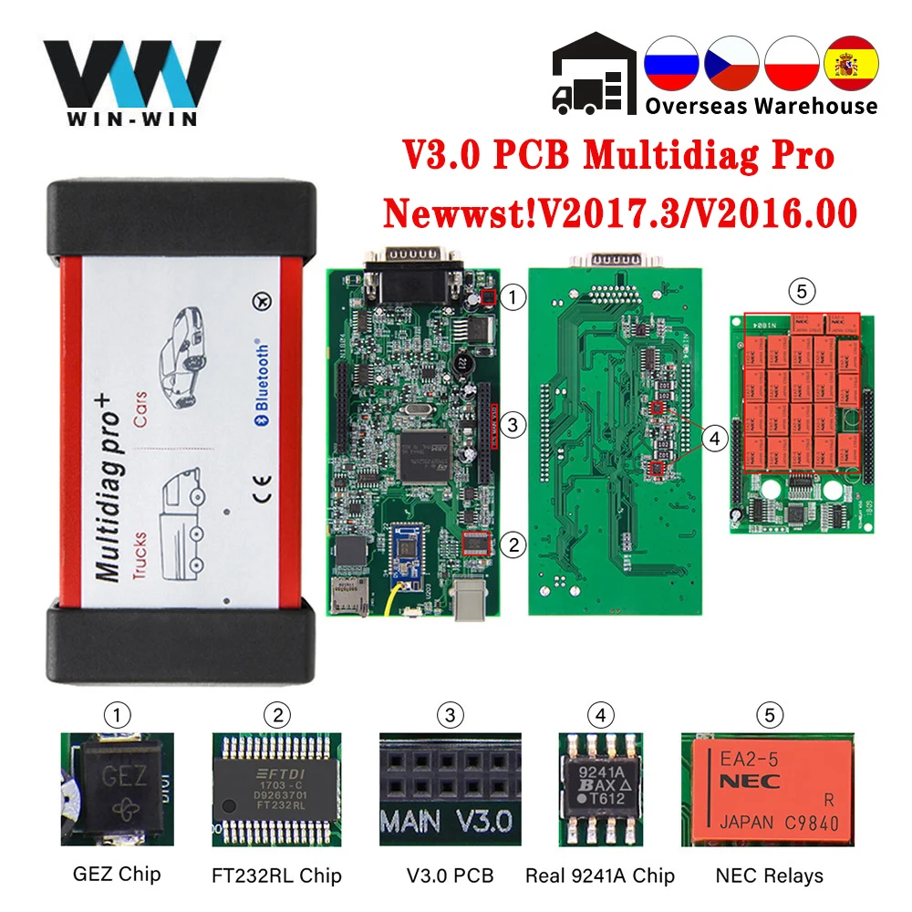 Multidiag Pro + V3.0 NEC Relays 2017.3 2016.00 with Keygen for Car/Truck Bluetooth Scanner OBD OBD2 Car Diagnostic Auto tool VCI