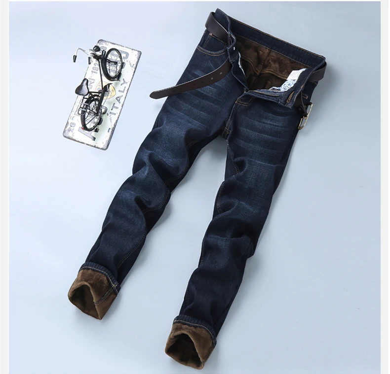 Classic Men'S Regular Fit Fleece Jeans Business Fashion Loose Casual Stretch Pants Male Brand Plus Velvet Padded Warm Trousers