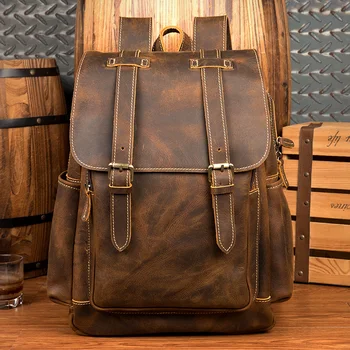 

Genuine Leather Backpack Crazy Horse Leather Handmade Men Backpacks Designer Vintage Classic Cowhide Casual Rucksack
