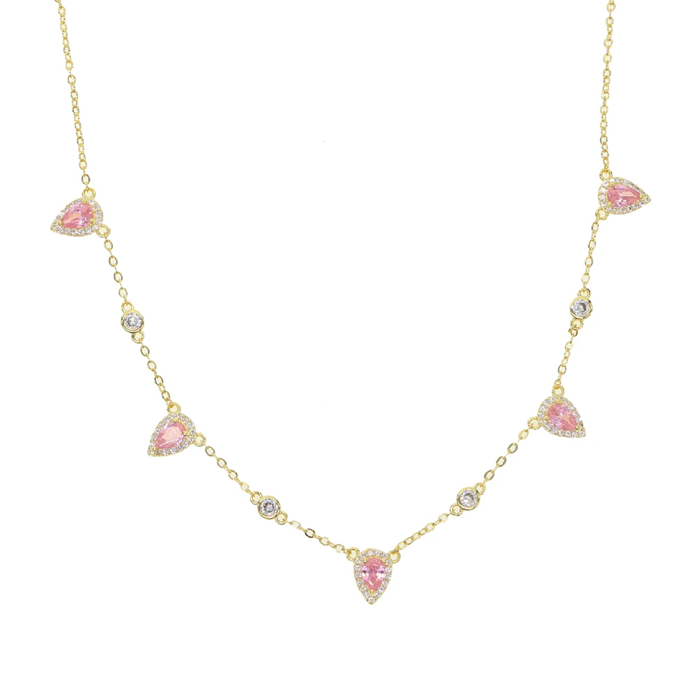 gold pink cz Новинка, модное ювелирное изделие, Зеленый Кристалл, CZ колье, ожерелье, капля воды, Круглый Шарм, звено цепи, трендовые модные ожерелья - Окраска металла: gold pink cz