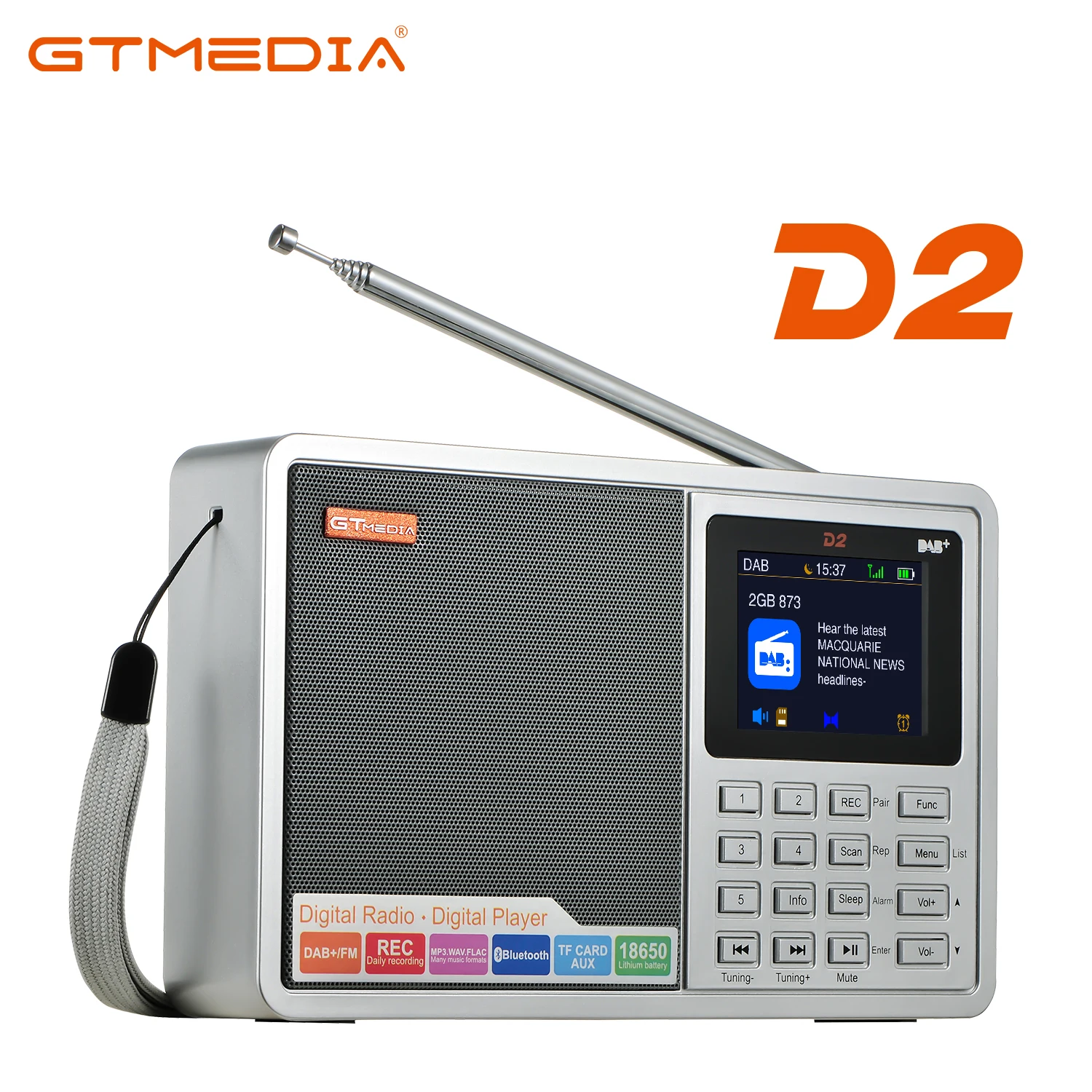 Портативный радиоприемник GTMEDIA D2 DAB +/FM/BT/карта/AUX/стерео/RDS с TFT-ЖК-дисплеем