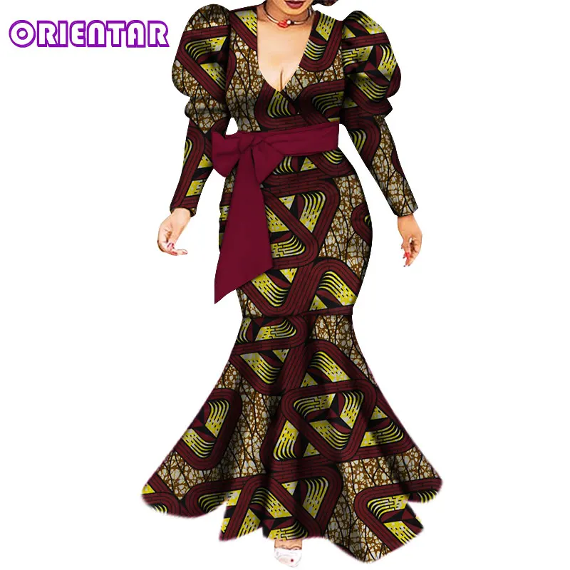 Африканская одежда, женское сексуальное платье с v-образным вырезом и пышными рукавами, африканские платья, Длинные вечерние платья, Африканский принт, хлопковое платье макси размера плюс, WY5494
