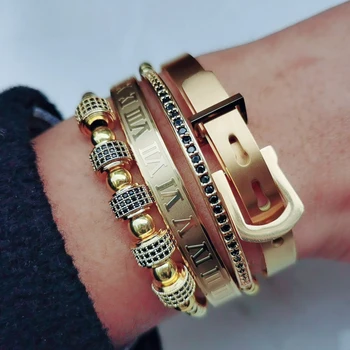 

Woogge 4pcs/Set Hot sell Titanium Steel Horseshoe Buckle Bangles Luxury Handmade Jewelry Charming Copper Beads Bracelet
