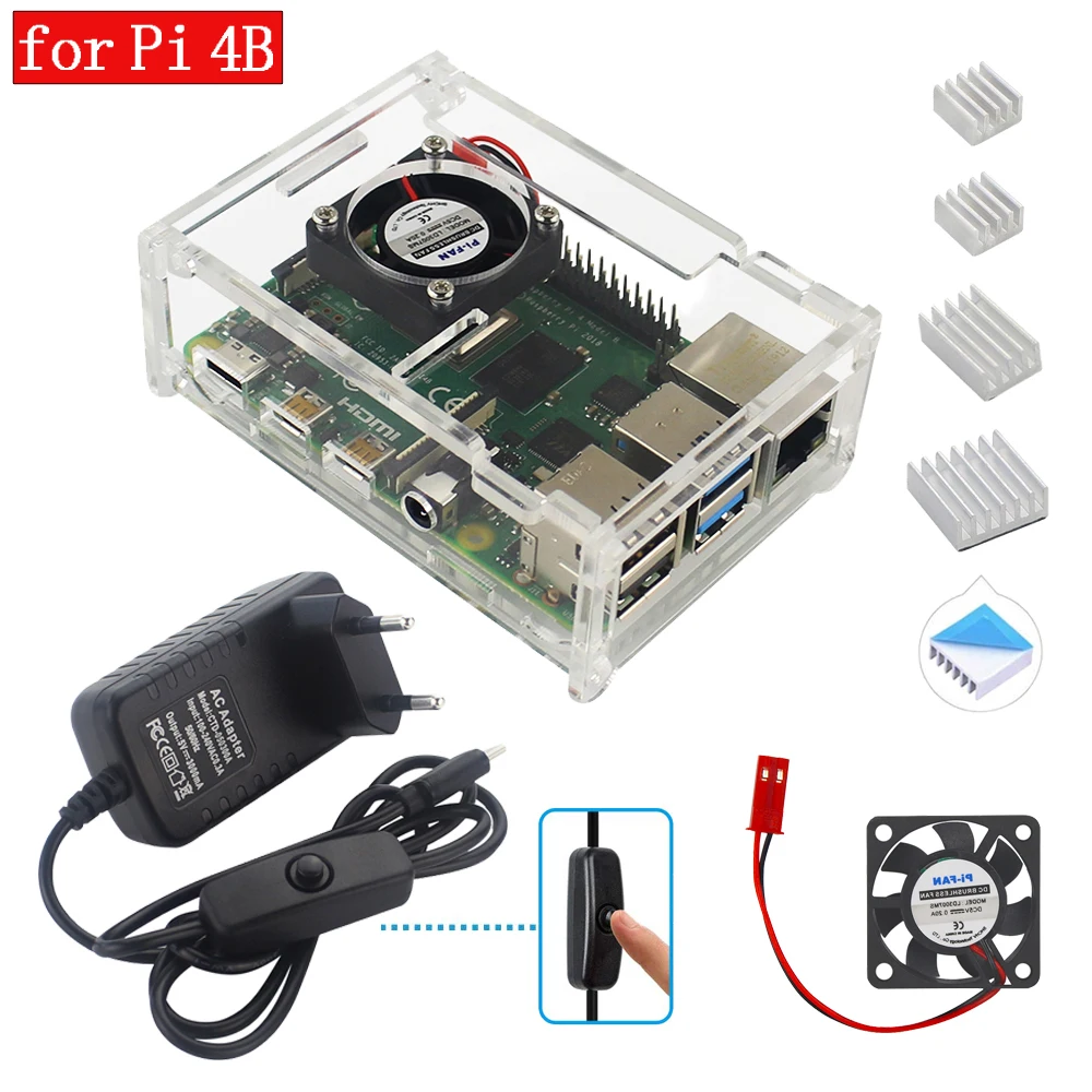 

Raspberry Pi 4 Acrylic Case Kit Raspberry Pi 4B Case Enclosure USB-C Power Supply Adapter Heat Sink for Raspberry Pi 4 Model B