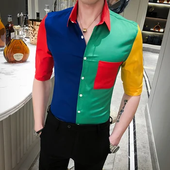 

Korean Streetwear Social Dress Shirts Night Club Party Chemise Homme 2020 Summer Shirt Men Half Sleeve Patchwork Slim Fit Shirts