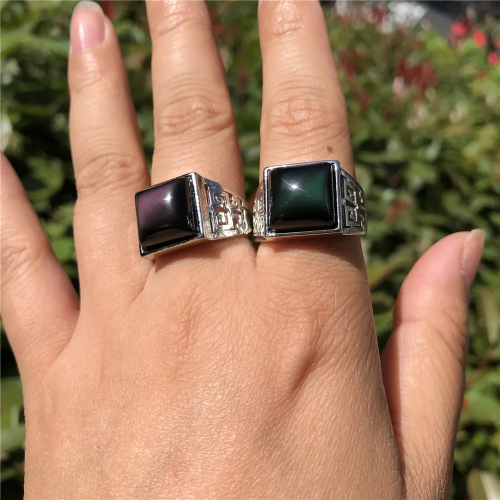 1 Pc Natural Stone Rainbow Obsidian Ring Copper Square Shape Silver Color  Fashion Jewelry For Men - Customized Rings - AliExpress