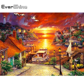 

Evershine Diamond Embroidery Town Cross Stitch Kit 5D DIY Diamond Painting Sunset Landscape Rhinestone Art Home Decor Gift