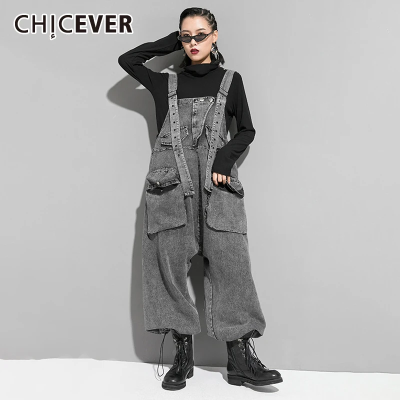 CHICEVER Casual Denim Jumpsuits For Women Overalls Square Collar Sleeveless Designer Black Full Length Pant Female 2020 Clothing