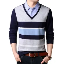 Men autumn winter fake two-piece long-sleeved stitching stripes contrast color slim pullover sweater thick knit warm pullover Men autumn winter fake two-piece long-sleeved stitching stripes contrast color slim pullover sweater thick knit warm pullover