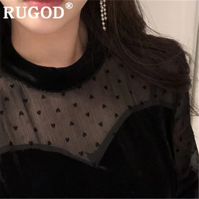 RUGOD Для женщин сплошной черный платье с сеточкой и лоскутным принтом Круглая горловина Длинные рукава на шнуровке обтягивающее платье Новая мода femme элегантное женское платье vestidos