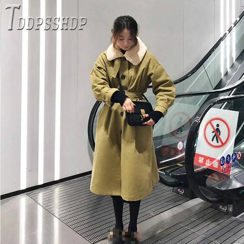 Длинное Стильное женское однобортное пальто с отворотом и поясом