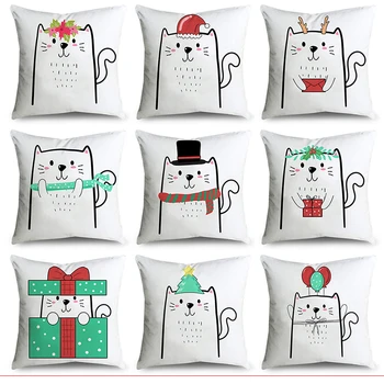 

Cartoon cute christmas cat pattern printed pillow case polyester fiber soft car sofa home decoration pillow cushion cover