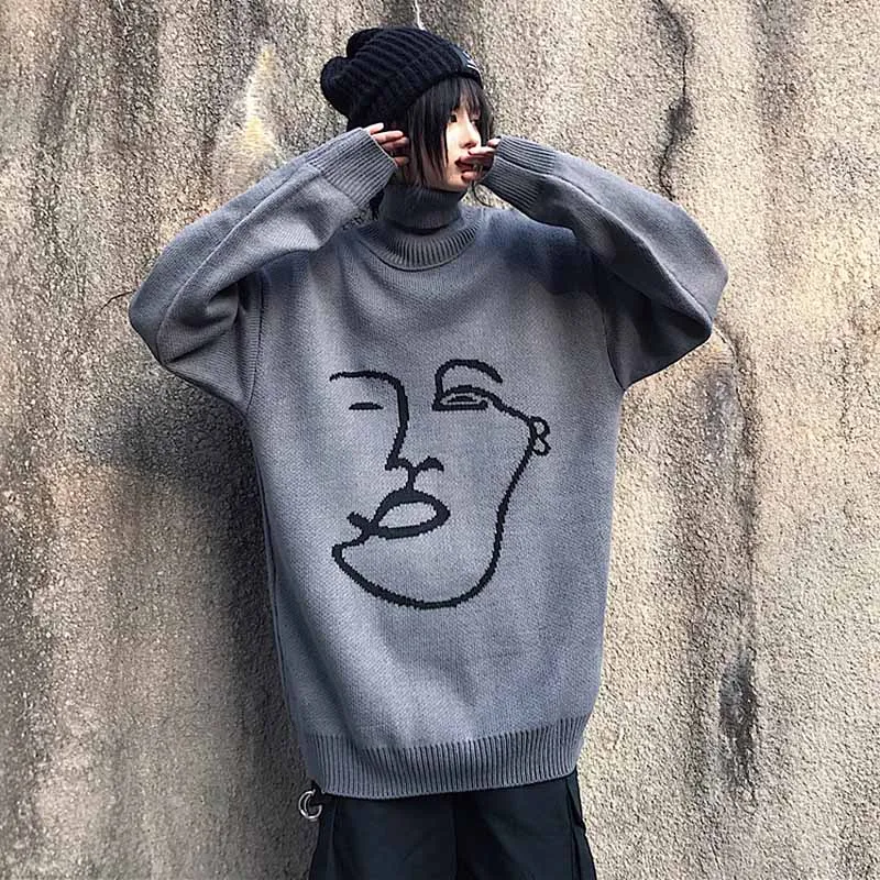 gray Harajuku, женские свитера, Осень-зима, водолазка, длинный рукав, пуловер, базовый свитер, джемпер, свободные свитера, pull femme - Цвет: gray